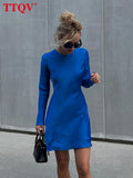 Casual Blue O-neck Mini Dress Ladies Autumn Long Sleeve Slim Bodycon Dress Elegant Classic Party Dresses For Women