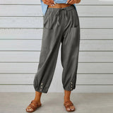 Loose High Waist Button Cotton And Linen Trousers Cropped