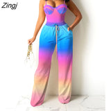 Women Fashion Ombre Colorblock Sexy Corset Cami Crop Top Wide Legs Contrast Pipping Pants Set Gradient Long Trousers Two