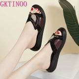 Women Slippers Shoes Genuine Leather Rhinestone Outside Slides Ladies Fashion Wedges Summer Beach thick sole Flip