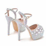 Fish Mouth High-Heeled Sandals Fine Heel Water Diamond Wedding Shoes Bride Shoes Color Diamond Crystal Sandals Full Of Diamond
