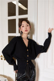 Black Lantern Sleeve V Neck Cardigan Sweater Women Korean Fashion Knitted Sweater Designer Winter Autumn 2021