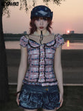 Contrast Color Y2k Aesthetic Plaid Shirt Fashion Bandage Lace Slim Blouse Streetwear Grunge Blusas Mujer De