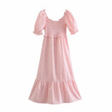 Women Pink Plaid Slash Neck A-line Summer Dress High Waist Bodycon Chic Lace Up Midi Dress For Party Holiday Femme