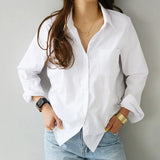 White Women Shirt Fashion Long Sleeve Casual Turn Down Collar Female Blouse Loose Pocket Button Office Ladies Elegant
