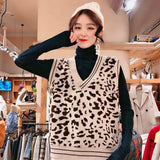 Leopard Pattern Knitted Sweater Vest Women Loose Sleeveless Fashion Short Pullover Sweater Vest Female Spring Autumn
