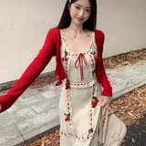 Fashion Casual Womens 2 Piece Outfit Set 2023 Autumn Sleeveless Midi Dress Red Short Cardigan Female Clothes Knitted