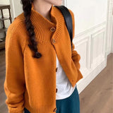 Zingj Autumn And Winter New Korean Retro Standing Collar Single Row Button Sweater Women's Small Short Knit Cardigan-Outfit