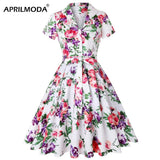 Summer Cotton Vintage Midi Party Dress Short Sleeve 4XL Robe Femme Swing 1950s Retro Floral Print Green Rockabilly
