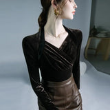 TShirt Women Full Sleeve Vintage Crossed V Neck Tee Shirts Lady Stretchy Soft Fashion Base Tops T-shirts For