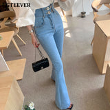 Chic High Waist Buttons Flare Jeans Pants for Women Casual Ladies Denim Blue Trousers 2021 Spring Summer