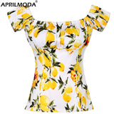 Women's Tshirt Vintage Retro Party Wear Lemon Print Yellow Short Sleeve Off Shoulder Lace-Up Slim Ladies Summer Tops Tee