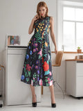 Vacation Style Sleeveless Sling Dress 2025 Summer New Design Printing Tie To Collect Waist Display Thin Dress