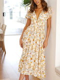 Queens Women Fashion Floral Print Deep V-neck Bohemian Dress Short Sleeve Pleated Beach Summer Boho Maxi