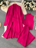 Winter Casual Knitted Three Pieces Suits Women Long Sleeve Cardigans+Turtleneck Knit Tank Top+Warm Long Pant