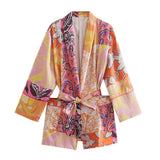 Women Two-piece Set Print Kimono Vintage Belt Long Sleeve Loose Shirt Female Fashion Beach Style Shorts