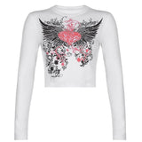 Heart Print 2000s Aesthetic Crop Top T Shirt Women Harajuku Black Long Sleeve T-shirt Ladies Fashion Basic