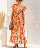 Queens Women Floral Print Short Sleeve Beach Bohemian Maxi Dress Robe Ladies V-neck Boho Dresses
