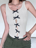 Sweet White Skinny Women Tops Vest Sleeveless Lace Spliced Split Y2K Cute Bow Summer Crop Top Coquette