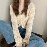 Zingj Out Thin Jacket Summer 2024 New Draw Rope V Collar Short Money Wearing Sunscreen Shirt Sweet Spicy Short Sleeve Knit Women-Outfit