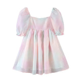 Sweet Women Multicolor Tie Dye Princess Party Dresses Sexy Square Neck Puff Sleeve Organza Dress Summer Short
