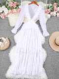Ruffle Dress For Women 2023 Lace Female Long Sleeves Robe High Waist Beachwear Elegant Deep V Cover up Cut Out
