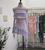 Sweet And Spicy Shoulder Dyed Printing Mesh Long-Sleeved Coat Folds Irregular Ribbon T-Shirt