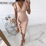 Women V-Neck Ruffle Hem Ruched Dress Bodycon Dress Casual Dress Summer Work