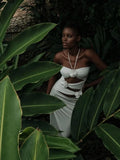 Halter Flower Cut Out Slim Long Dress Elegant White Sleeveless Skinny Cutout Floral Pleated Maxi Dress Club Party