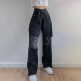 Baggy Black Boyfriend Jeans Pants Women Ripped High Waisted Denim Pants Capris Vintage Holes Distressed