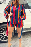 Pieces Set Sexy Fashion Women Set 2023 Summer Autumn Female Tops Stripe Print Long Sleeve Shirt And Elastic Waist Shorts