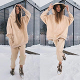 Women Tracksuits Autumn Winter Warm Thick Fleece Solid 2 Pieces Sets Female Casual Long Sleeve Hooded Sweatshirt