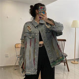 Autumn Women Streetwear Harajuku Retro Grunge Ripped Denim Jacket Oversize Female Jean Coat Gothic Outerwear Alt