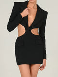 Hollow Out Backless Blazer Dress For Women Robe Autumn Notched Collar Full Sleeve Bodycon Party Mini Dress