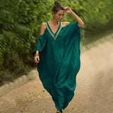 Sexy Cold Shoulder V Neck Bats Sleeve Loose Summer Beach Dress Plus Size Women Beachwear Kaftan Black Dress