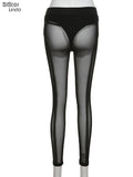 Sexy See Through Mesh Leggings Women Trend Striped Patchwork Briefs Waistband Fitness Pencil Trousers Female