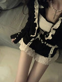 Piece Sets Womens Outfits Summer 2022 White Crop Top Black Cardigan Shorts Lace Trim Cute Short Sets Kawaii Clothes for