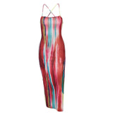 Women Summer Fashion Sleeveless Printed Bodycon Backless Open Fork Split Dress Sundress 2021 Female Clothing