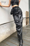Spring Autumn Cool Black Pu Leather Maxi Skirt Women with Back Slit Belt High Waist Long Luxury Designer Clothes