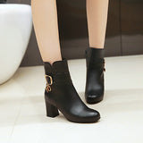 Comfortable Thick Heel Ankle Boots Fashion Buckle Zipper Boots Women Round Toe Fall Winter Shoes Black White