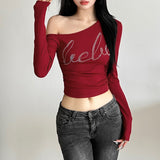 Winter Fashion Trend Women's New Personality Hottie Slant Shoulder Repair Letter Hot Umbilical Umbilical Clad