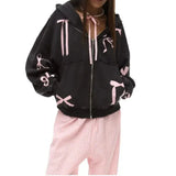 Black Zipper Bow Lace Up Applique Hoddie- Outfit
