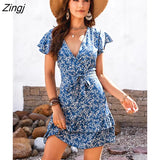 Blue Ditsy Floral Chiffon Mini Dress For Women Sexy V-neck Ruffled Short Sleeve A-line Dress 2023 Summer Female
