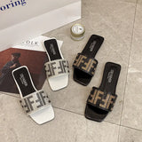Zingj Women's Slippers With Square Head Of Water Drill Wear Large-Size Flat-Soled Women's Shoes Of 2023 Spring And Summer.