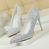 Zingj Korean Version Of Fashion Banquet Women's Shoes Thin Heel Shallow Mouth Pointed Head Sexy Show Thin Water Diamond Color Diamond High Heel Single