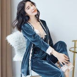 Winter Warm Pajamas Set Women Sleep Set Deep Gold Velvet Sexy Homewear Pijama Women Pajama Sets Long Pant Set Robe