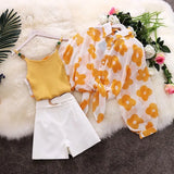 New Summer Women's Knitted Condole belt + Lantern Sleeve Sunprevent Clothes + Wide Leg Shorts 3 Piece Sets