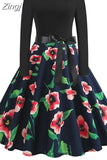 Christmas Dresses Women 50S 60S Vintage Robe Swing Pinup Elegant Party Dress Long Sleeve Casual Print