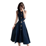 Kong-Style Sleeveless Denim Dress Women's Summer New Hollow High-Waisted Fishtail