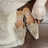 Wind Bag Head Lace Wedding Shoes Half Slippers Women 2025 Spring And Summer New Outside Wearing Pearl Water Drill Lazy Cold